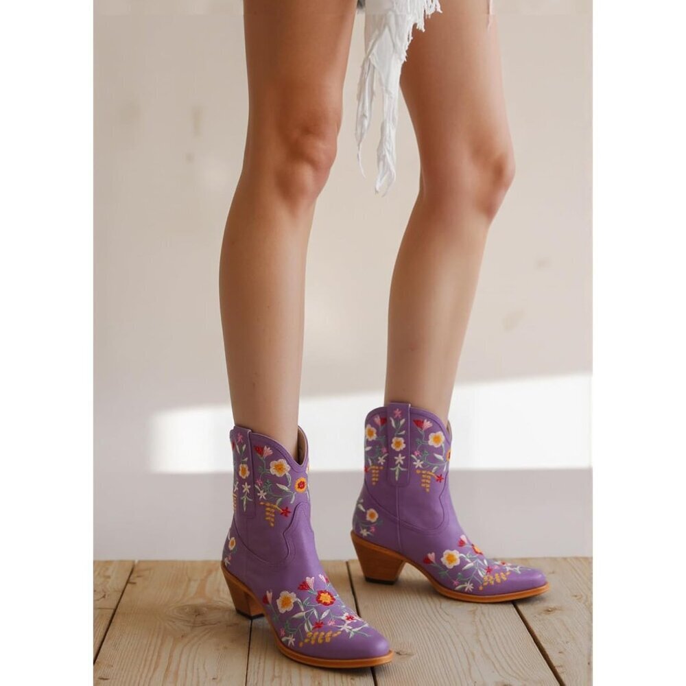 Women's Purple Ankle Cowgirl Boots Flower Embroidered Square Toe Chunky Heel - Picture 2 of 8